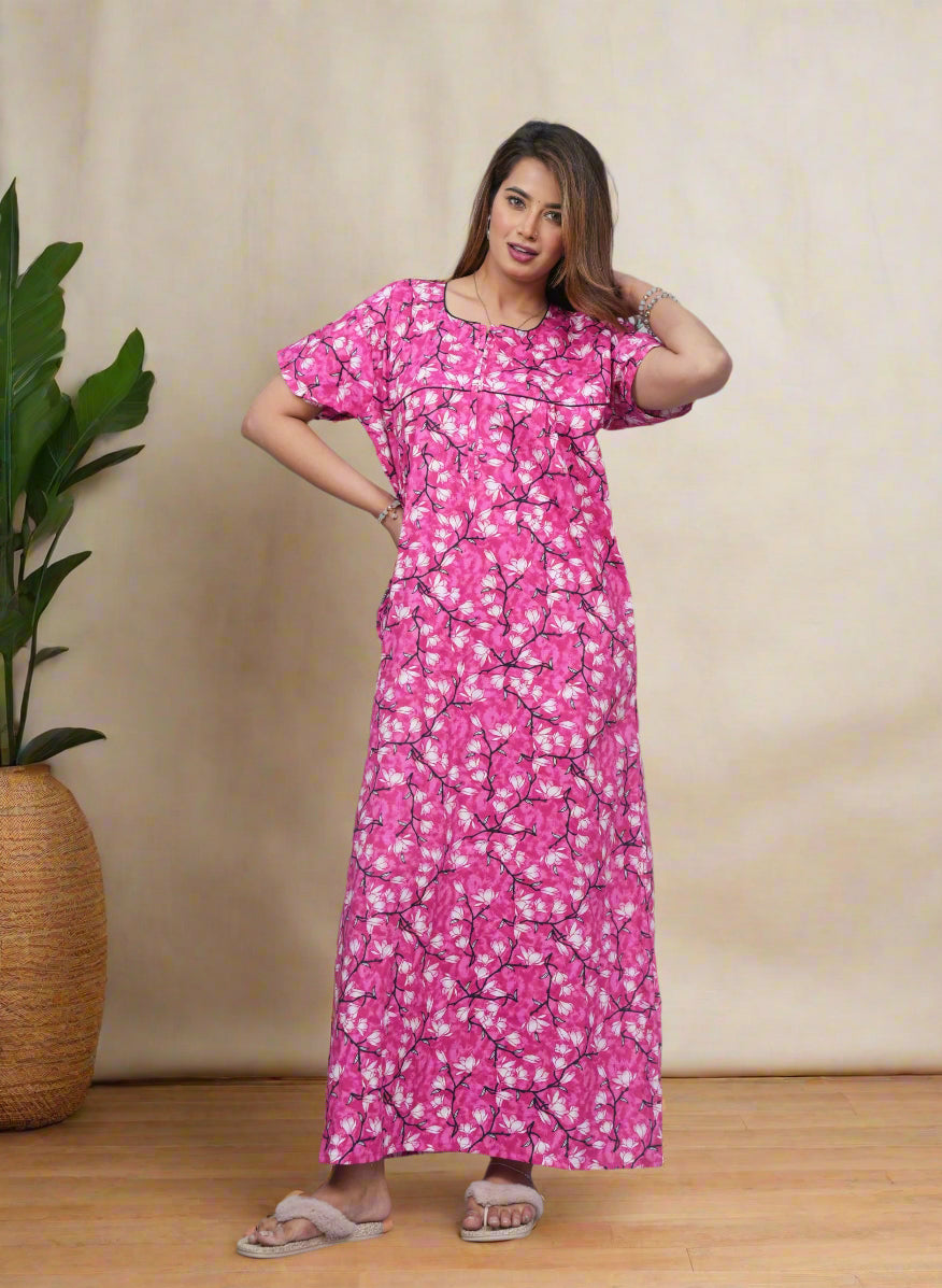 Cotton Sleep Dress with Floral Patterns – Full Coverage